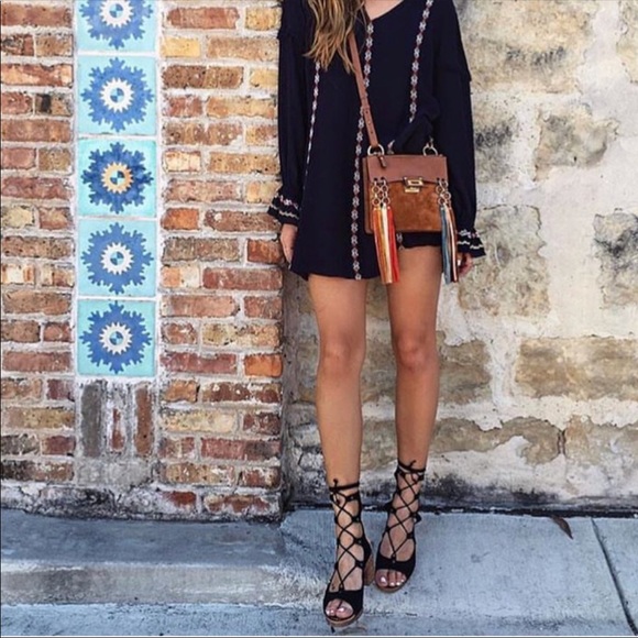 Black Boho Chic Gladiator LaceUp Block Heel Sandal - Picture 3 of 5